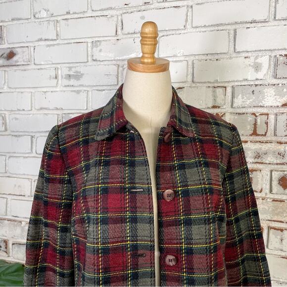 Vintage 90s Sag Harbor Burgundy Green Plaid Womens Button-down Blazer Jacket - Picture 2 of 9